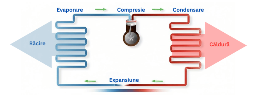 Diagrama ciclului termodinamic al unei pompe de căldură, cu etapele de evaporare, compresie, condensare și expansiune.